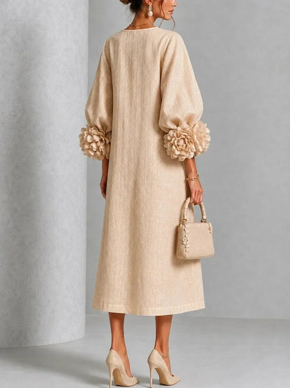 Margaux™ | Robe midi élégante qui camoufle le ventre avec manches fleuries
