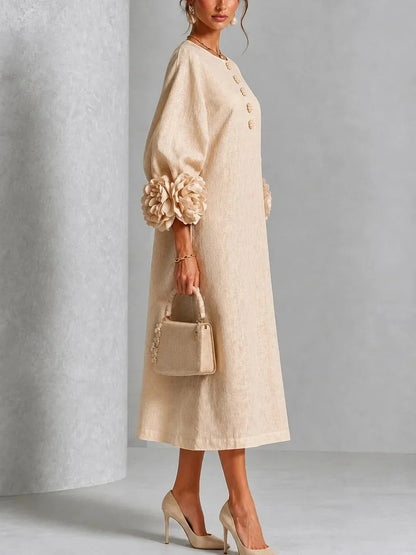 Margaux™ | Robe midi élégante qui camoufle le ventre avec manches fleuries