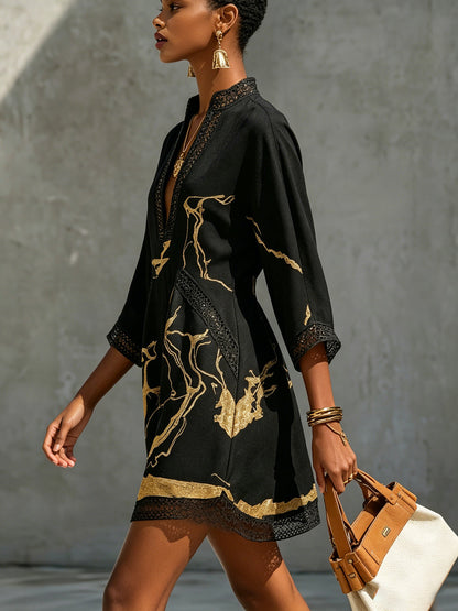 Céline™ | Robe Mini Élégante Avec Imprimé Doré Qui Camoufle Le Ventre