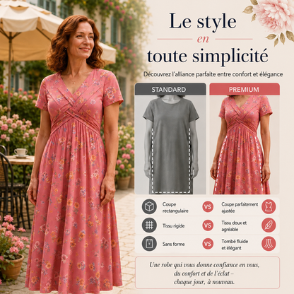 Céline™ | Robe midi à fleurs qui camoufle le ventre avec décolleté en V