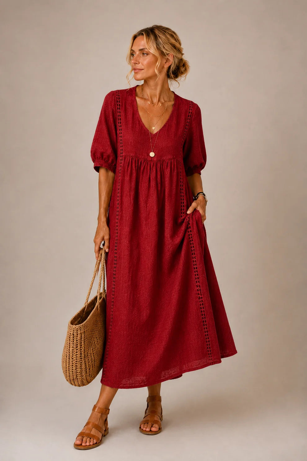 Céline™ | Robe midi qui camoufle le ventre avec décolleté en V