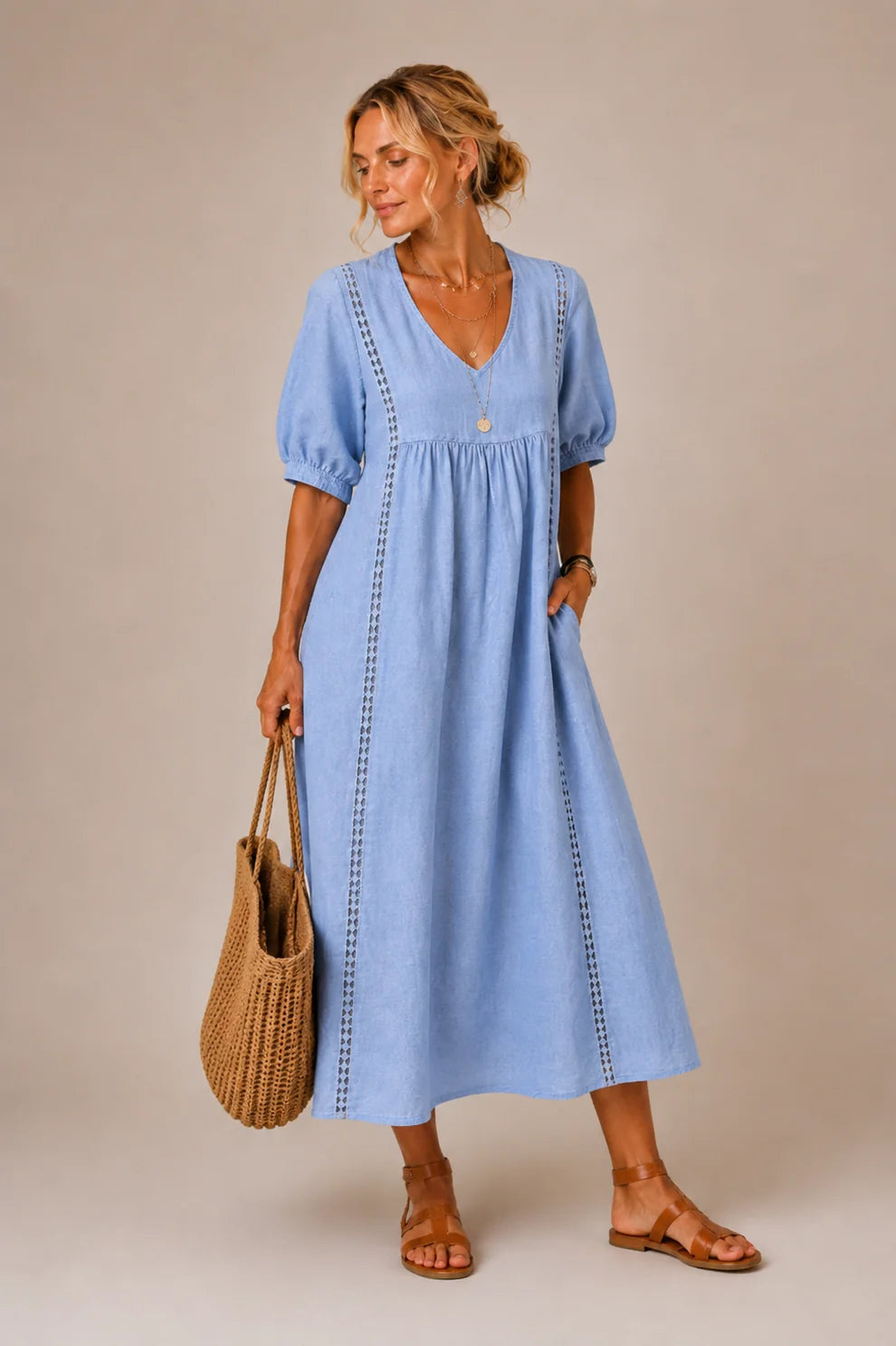 Céline™ | Robe midi qui camoufle le ventre avec décolleté en V