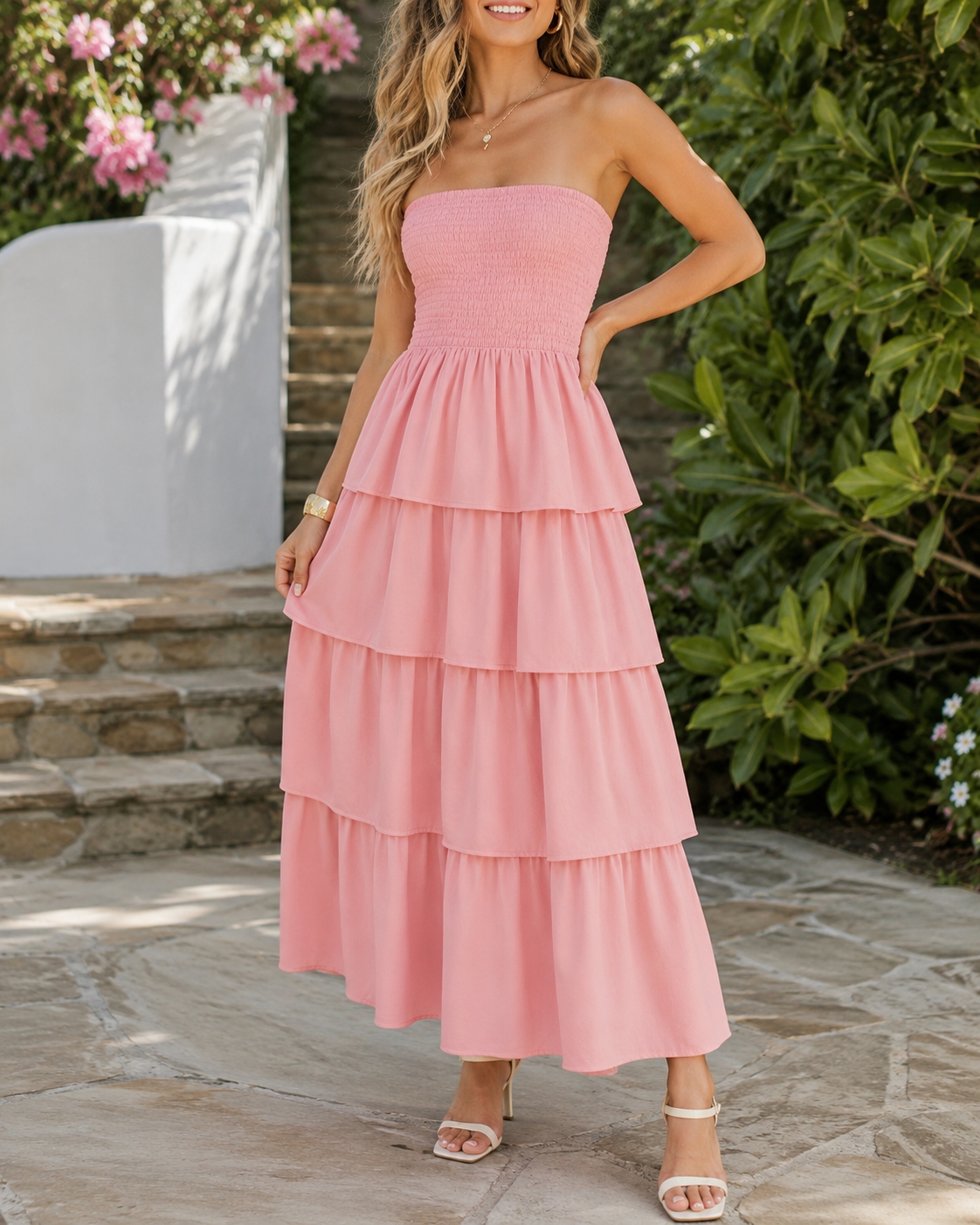 Solène™ | Robe maxi sans bretelles qui camoufle le ventre avec volants