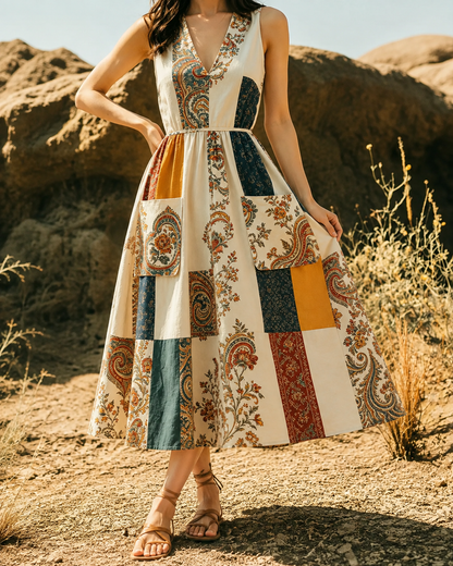 Hélène™ | Robe midi patchwork qui camoufle le ventre
