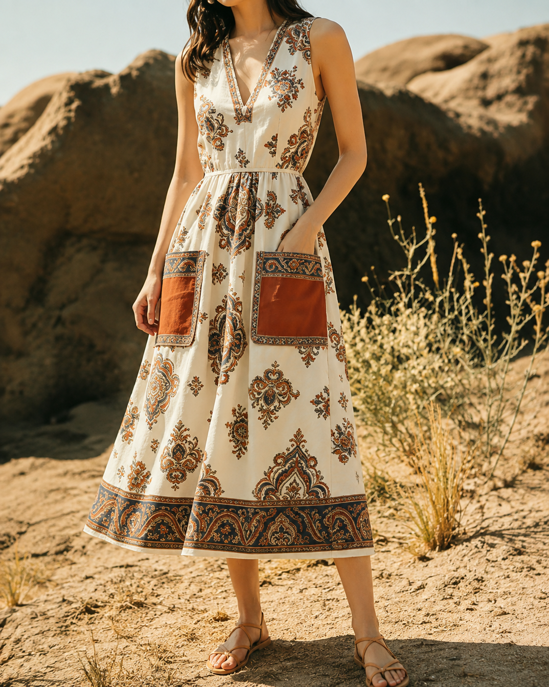 Hélène™ | Robe midi patchwork qui camoufle le ventre