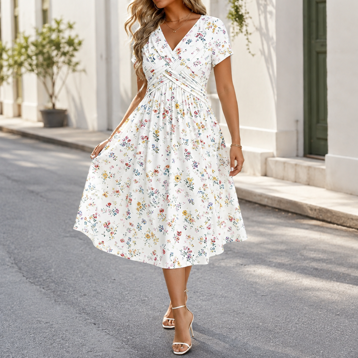 Céline™ | Robe midi à fleurs qui camoufle le ventre avec décolleté en V