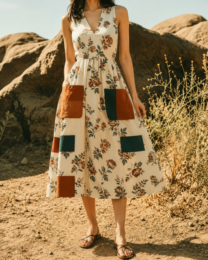 Hélène™ | Robe midi patchwork qui camoufle le ventre