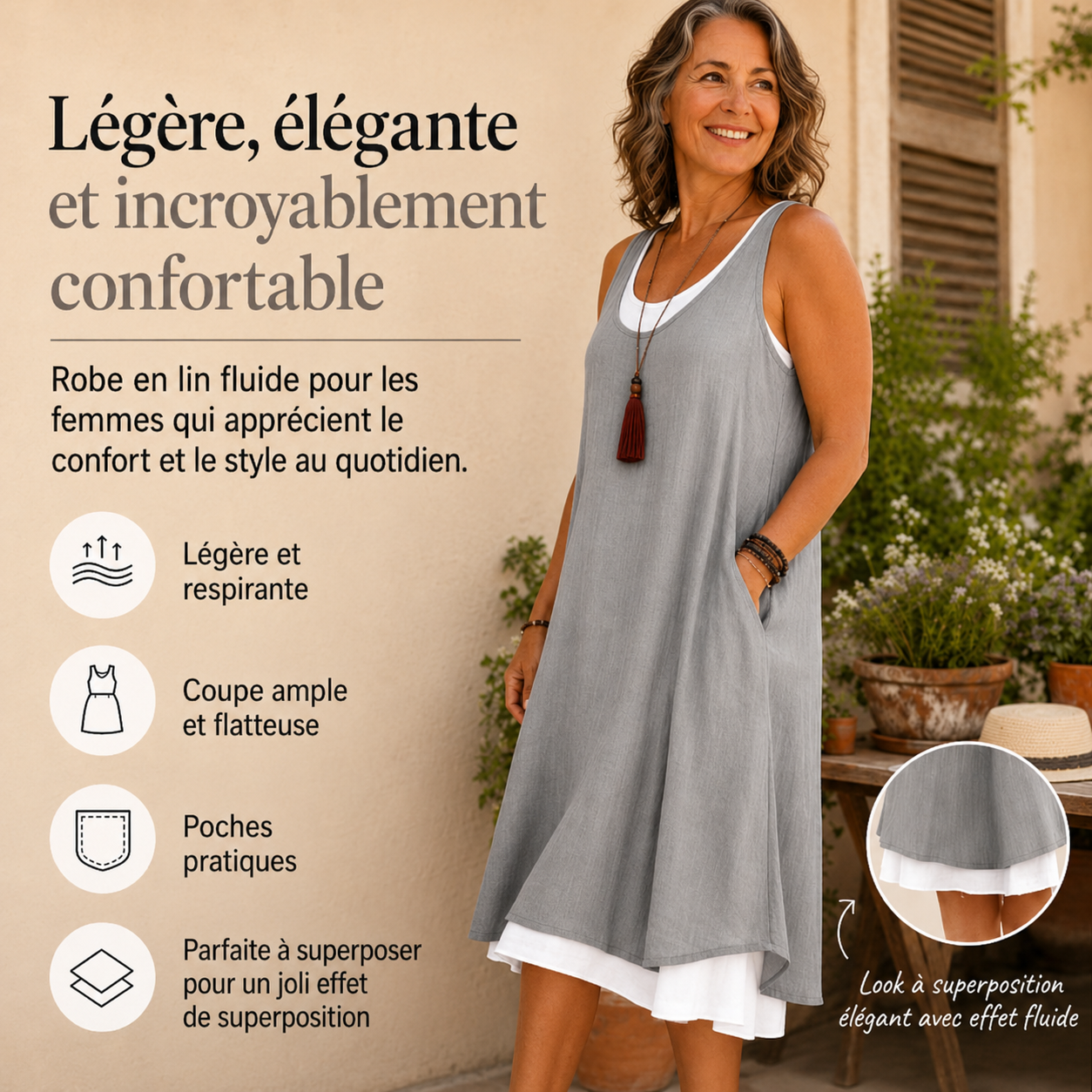 Anouk™ | Robe sans manches effet superposé qui camoufle le ventre