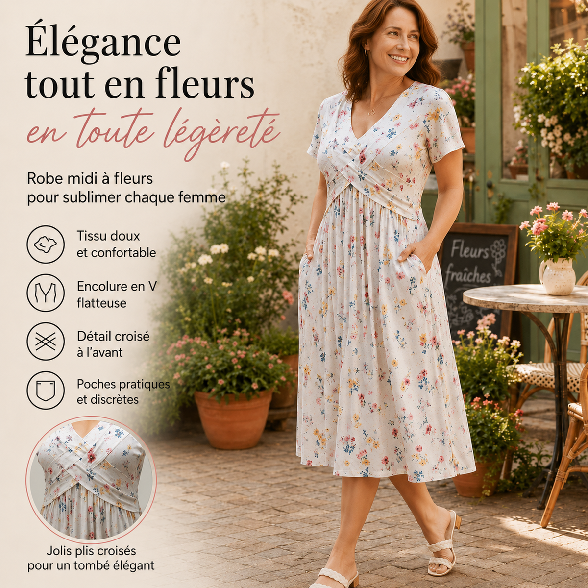 Céline™ | Robe midi à fleurs qui camoufle le ventre avec décolleté en V