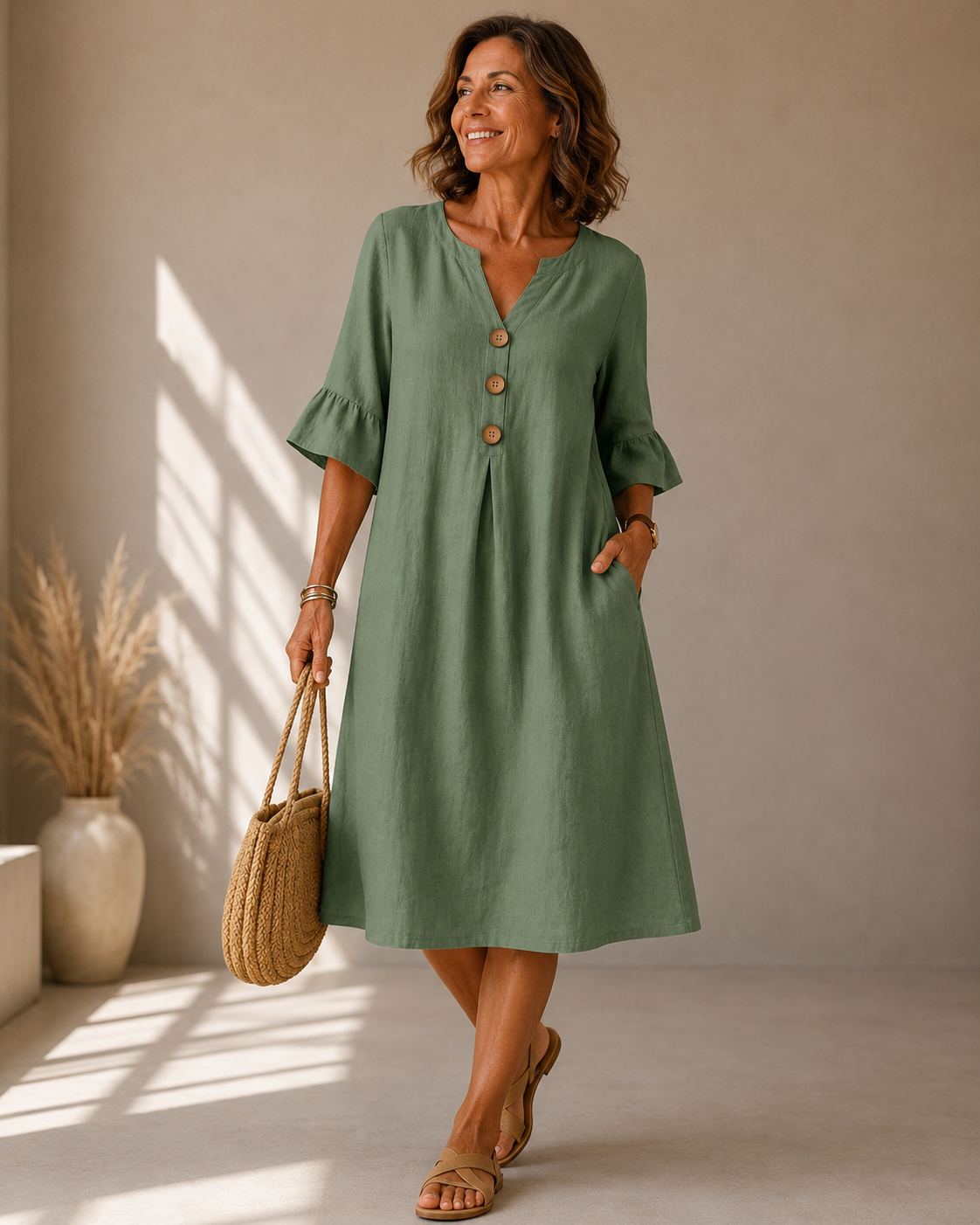 Delphine™ | Robe midi qui camoufle le ventre avec boutons