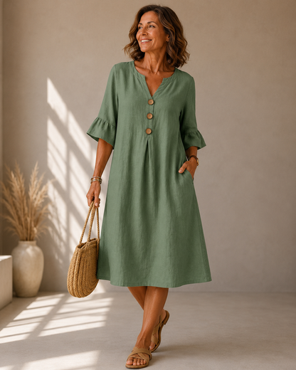 Delphine™ | Robe midi qui camoufle le ventre avec boutons