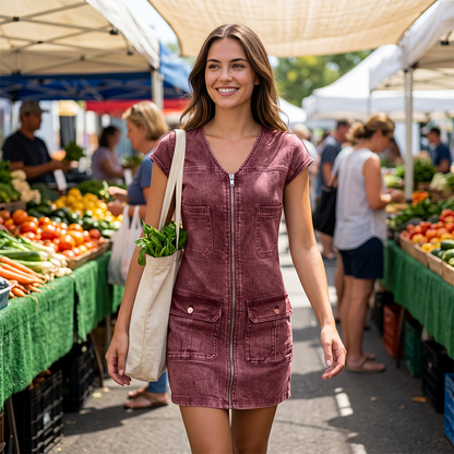 Linda™ | Robe Courte Effet Jean Couvrant Le Ventre Avec Fermeture Éclair