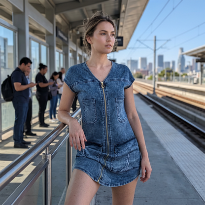 Linda™ | Robe Courte Effet Jean Couvrant Le Ventre Avec Fermeture Éclair