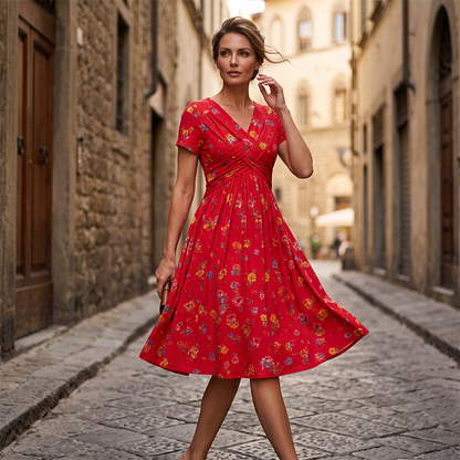 Céline™ | Robe midi à fleurs qui camoufle le ventre avec décolleté en V