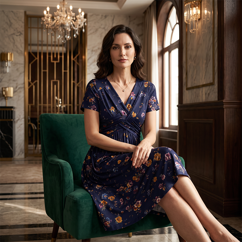 Céline™ | Robe midi à fleurs qui camoufle le ventre avec décolleté en V