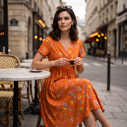 Céline™ | Robe midi à fleurs qui camoufle le ventre avec décolleté en V